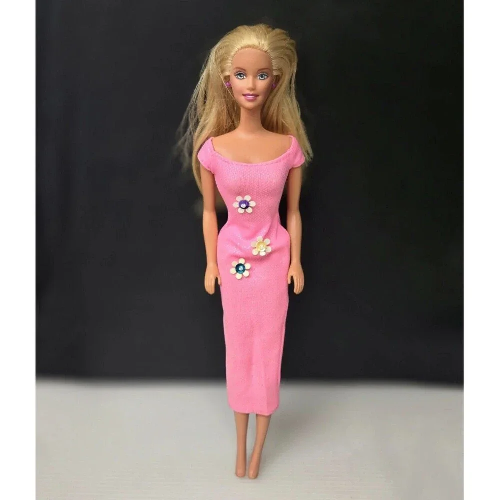 Barbie Cool Clips Doll Blonde Hair Pink Dress Flowers Sparkles 2001 #50598 Vtg